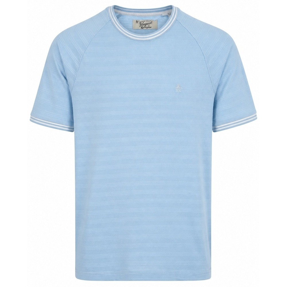 Original Penguin T-Shirt Men's Medium Raglan Textured Knit Light Blue Striped